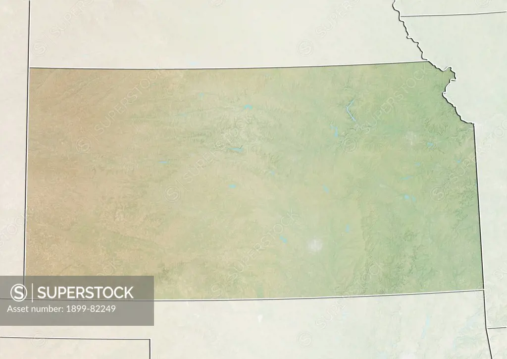 Relief map of the State of Kansas, United States. This image was compiled from data acquired by LANDSAT 5 & 7 satellites combined with elevation data.