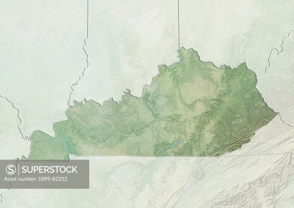 Relief map of the State of Kentucky, United States. This image was compiled from data acquired by LANDSAT 5 & 7 satellites combined with elevation data.