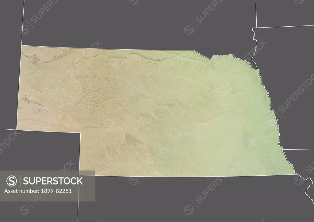 Relief map of the State of Nebraska, United States. This image was compiled from data acquired by LANDSAT 5 & 7 satellites combined with elevation data.