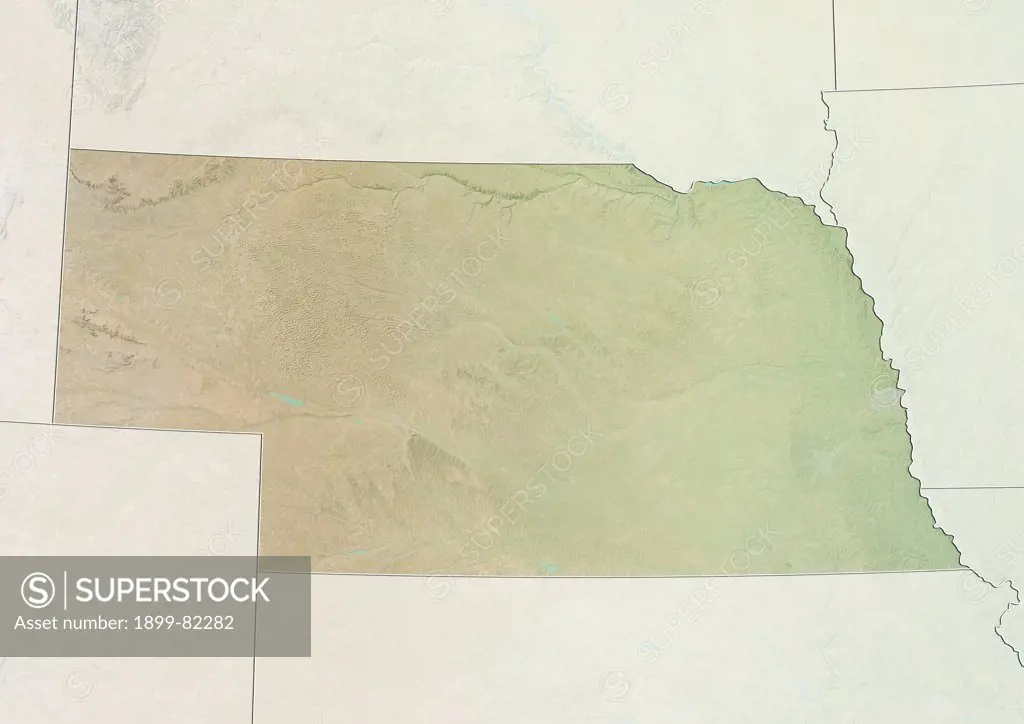 Relief map of the State of Nebraska, United States. This image was compiled from data acquired by LANDSAT 5 & 7 satellites combined with elevation data.