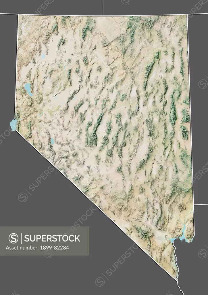 Relief map of the State of Nevada, United States. This image was compiled from data acquired by LANDSAT 5 & 7 satellites combined with elevation data.