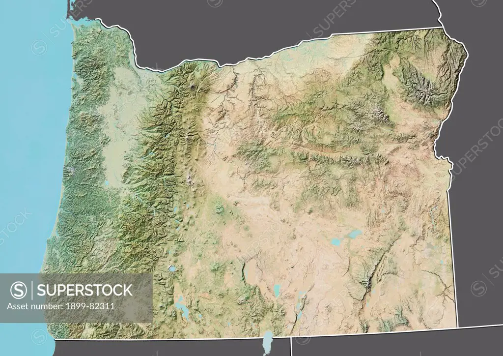 Relief map of the State of Oregon, United States. This image was compiled from data acquired by LANDSAT 5 & 7 satellites combined with elevation data.