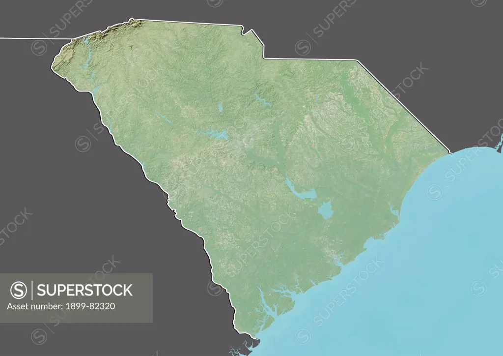 Relief map of the State of South Carolina, United States. This image was compiled from data acquired by LANDSAT 5 & 7 satellites combined with elevation data.