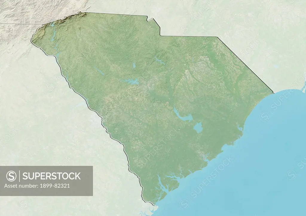 Relief map of the State of South Carolina, United States. This image was compiled from data acquired by LANDSAT 5 & 7 satellites combined with elevation data.