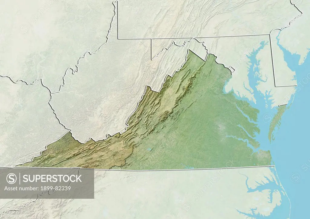 Relief map of the State of Virginia, United States. This image was compiled from data acquired by LANDSAT 5 & 7 satellites combined with elevation data.