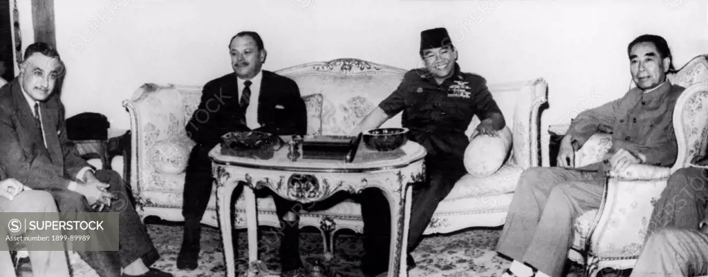 Chou En-lai (Zhou Enlai) on the right, with Sukarno (President of the Republic of Indonesia), Ayub Khan (President of Pakistan), and Nasser (President of the United Arab Republic) during talks at President Nasser's palace in Cairo. June 28, 1965.