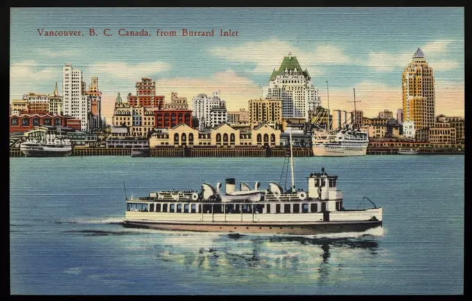 Boat Cruising Through Burrard Inlet. ca. 1934, Vancouver, British Columbia, Canada, Vancouver, B.C. Canada, from Burrard Inlet 