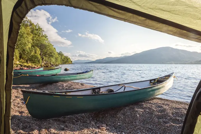 Camping on Loch Ness while canoeing the Caledonian Canal, near Fort Augustus, Scottish Highlands, Scotland, United Kingdom, Europe