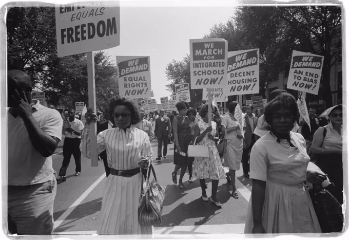 August 28, 1963 - Civil rights demonstrators hold placards at the March on Washington, D.C. (Warren K. Leffler/USIA/GG Vintage Images/UIG)