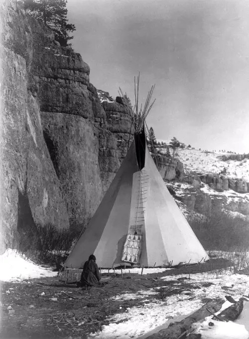 Edward S. Curtis Native American Indians - Apsaroke woman stretching hide that has been secured to the ground by stakes circa 1908.