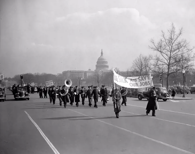 Marchers in a silk parade in Washington D.C.  circa 1938.