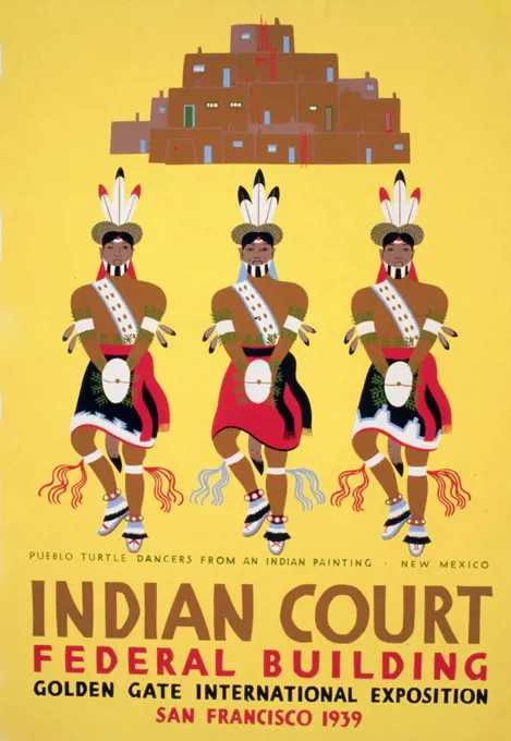 Indian court, Federal Building, Golden Gate International Exposition, San Francisco, 1939 Pueblo turtle dancers from an Indian painting, New Mexico circa 1939.