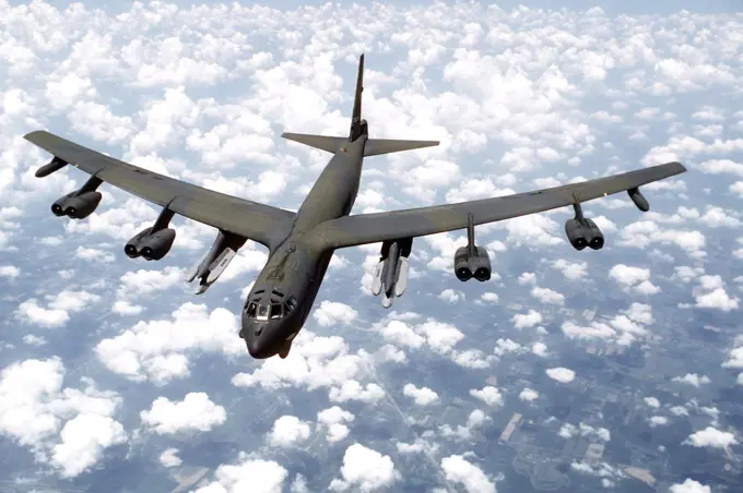 1988 - An air-to-air front view of a B-52G Stratofortress aircraft from the 416th Bombardment Wing armed with AGM-86B Air-Launched Cruise Missiles (ALCMs).  .