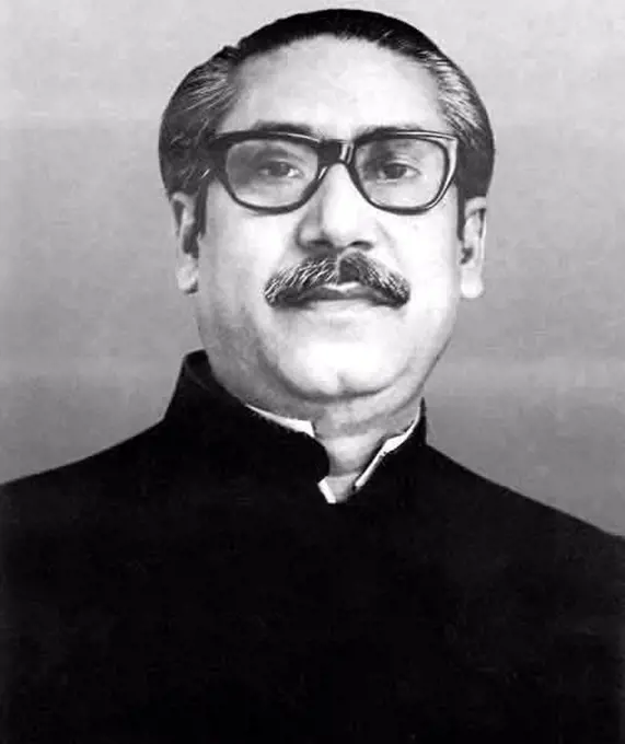 Sheikh Mujibur Rahman (March 17, 1920 - August 15, 1975) was a Bengali politician and the founding leader of the People's Republic of Bangladesh, generally considered in the country as the father of the Bangladeshi nation. After talks broke down with President Yahya Khan and West Pakistani politician Zulfikar Ali Bhutto, Sheikh Mujib on 26 March 1971 announced the declaration of independence of East Pakistan and announced the establishment of the sovereign People's Republic of Bangladesh. Subsequently he was arrested and tried by a military court. During his nine month detention, a guerrilla war erupted between government forces and Bengali nationalists aided by India. An all out war between the Pakistan Army and Bangladesh-India Joint Forces led to the establishment of Bangladesh, and after his release Mujib assumed office as a provisional president, and later prime minister. Mujib was assassinated along with most of his family by a group of army officers in 1975.