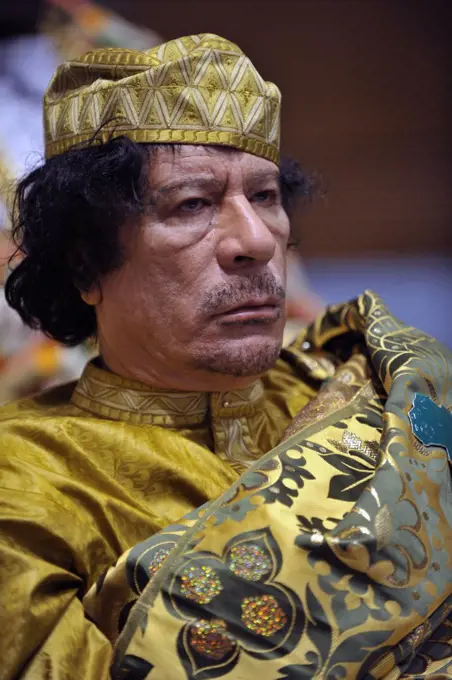 Muammar Qaddafi, then Libyan chief of state, attends the 12th African Union Summit in Addis Ababa, Ethiopia, Feb. 2, 2009. Qaddafi was elected chairman of the organisation.