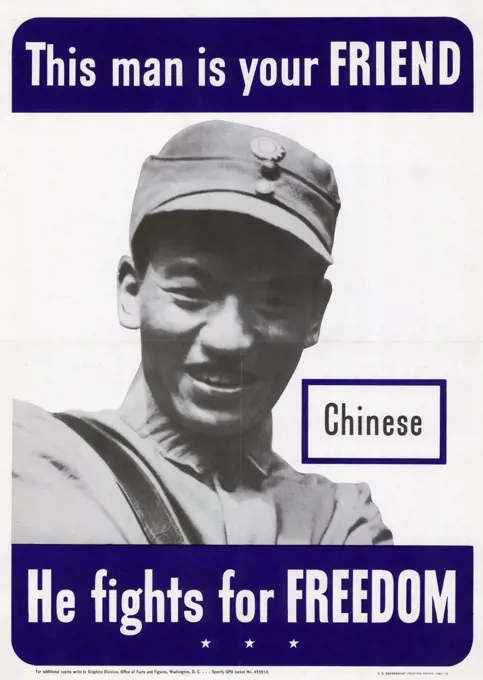 Poster issued by the Graphics Division, Office of Facts and Figures, Washington DC, 1942, to ensure that US forces did not confuse their Chinese allies with their Japanese enemies and shoot the wrong man.