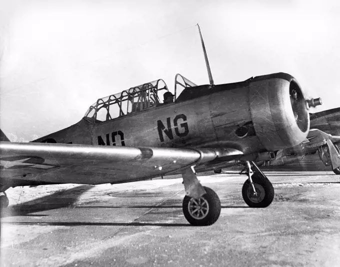 T-6 Texan aircraft on flight line at Hector Field circa 1947.