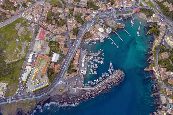Aerial view of Marina di Ognina. Catania. Sicily. Italy. Europe