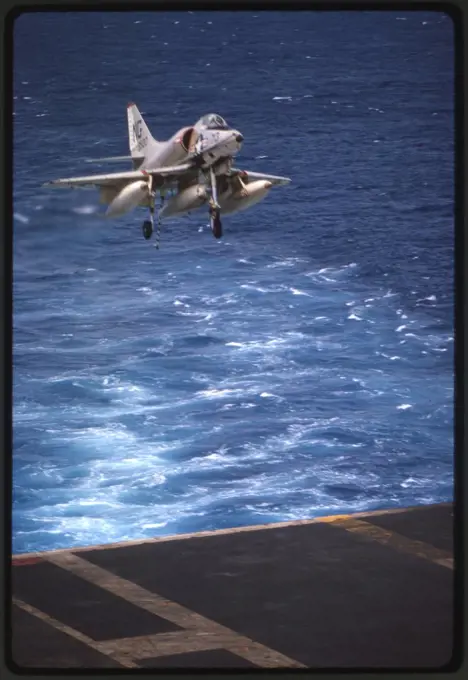 A Skyhawk A-4 attack bomber is about to touch down on the nuclear-powered attack carrier USS ENTERPRISE (CVAN-65), South China Sea, 4/1966. (Photo by JOC J F Falk/US Navy/GG Vintage Images)