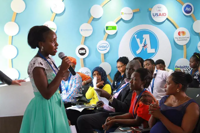 Through the Young African Leaders Initiative (YALI), a young woman speaks to a crowd in Kenya ca. 13 January 2017.