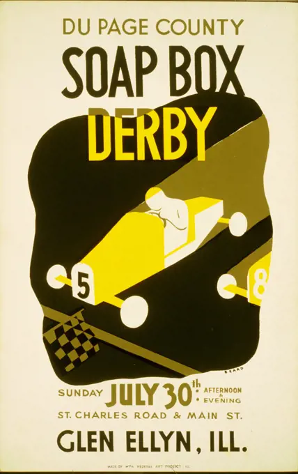Poster showing soap box derby contestants crossing the finish line. 