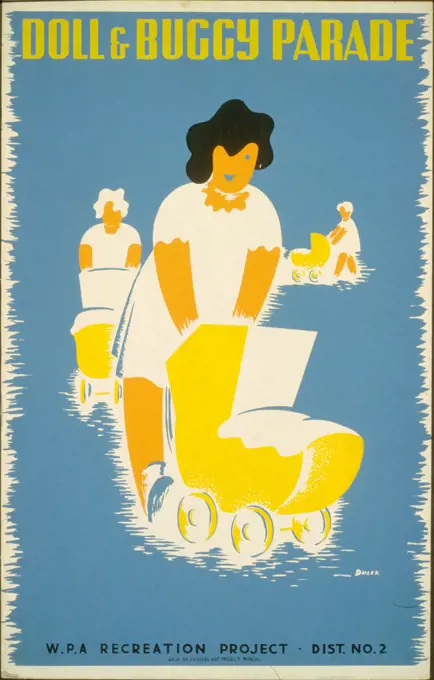 Poster showing parade of girls pushing baby carriages. 