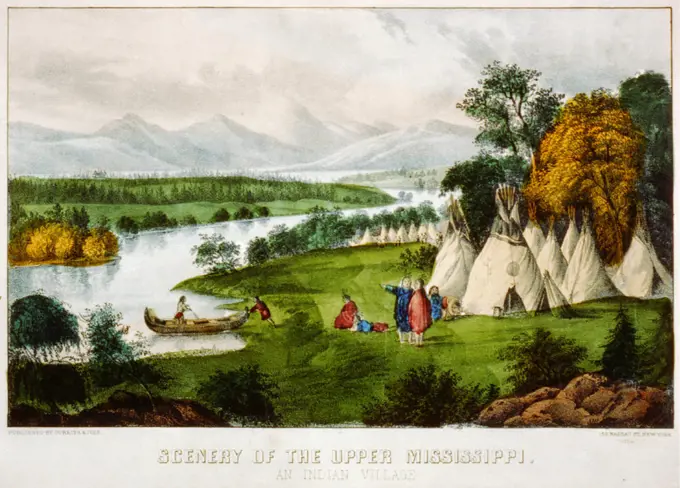 Scenery of the upper Mississippi an Indian village ca 1856-1907 printed. 