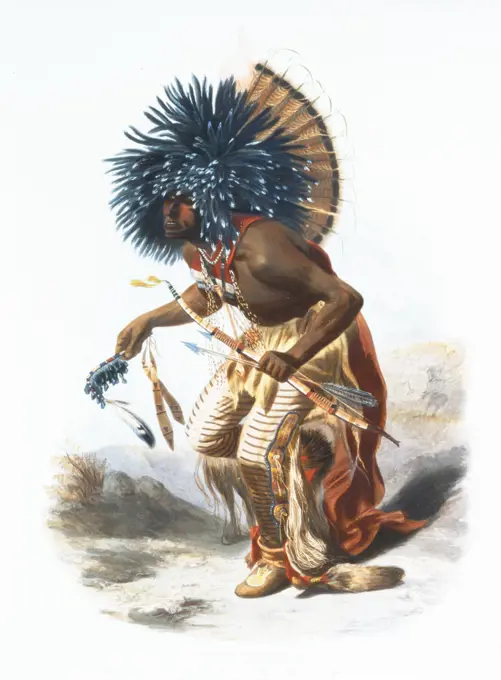Hidatsa warrior wearing ceremonial costume for the Dog Dance. ca 1839-1841. 