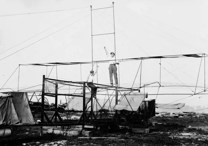 Early aviation history - Meckler-Allen Aeroplane - A biplane intended for transatlantic flight, built by John J. Meckler and C.A. Allen (or Allen Canton)   ca. 1912. 