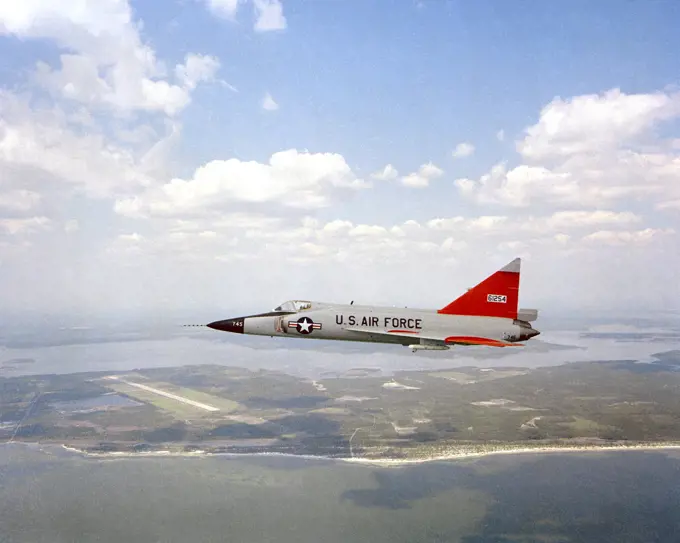 1980 - An air-to-air left side view of a PQM-102A Delta Dagger aircraft.. 