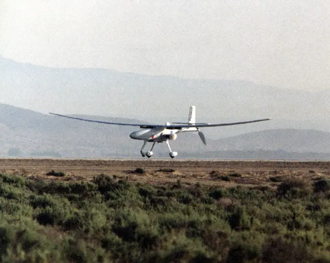 The Perseus B remotely piloted aircraft nears touchdown at Edwards Air Force Base, Calif. at the conclusion of a development flight at NASA's Dryden Flight Research Center. The Perseus B is the latest of three versions of the Perseus design developed by Aurora Flight Sciences under NASA's Environmental Research Aircraft and Sensor Technology (ERAST) program.. 