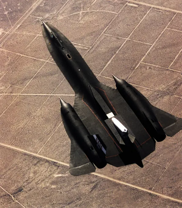 This photograph shows the SR-71 with the Linear Aerospike SR-71 Experiment on the rear fuselage as seen from above. The photo was taken on the first flight of the aircraft with the experiment aboard, which took place on 31 October 1997.. 