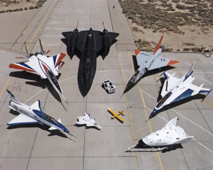 A collection of NASA's research aircraft on the ramp at the Dryden Flight Research Center in July 1997: X-31, F-15 ACTIVE, SR-71, F-106, F-16XL Ship #2, X-38, Radio Controlled Mothership and X-36.. 