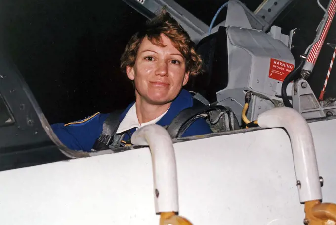 STS-84 Pilot Eileen Marie Collins arrives in a T-38 jet at KSCs Shuttle Landing Facility. Collins will make her second space flight on STS-84. Her initial flight was as the first woman Shuttle pilot on STS-63 in 1995. STS-84 will be the sixth docking of the Space Shuttle with the Russian Space Station Mir. During the docking, STS-84 Mission Specialist C. Michael Foale will transfer to the Russian space station to become a member of the Mir 23 crew, replacing U.S. astronaut Jerry M. Linenger, who will return to Earth on Atlantis. Foale is scheduled to remain on Mir about four months until his replacement arrives on STS-86 in September. 