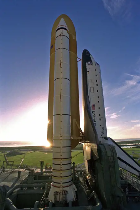 KENNEDY SPACE CENTER, Fla. -- Atop the crawler/transporter, the Space Shuttle orbiter Atlantis rolls out to Launch Complex 39A in preparation for mission STS-86, which is targeted for a September launch. STS-86 will be the seventh of nine planned dockings of the Space Shuttle orbiter with the Russian Space Station Mir. 