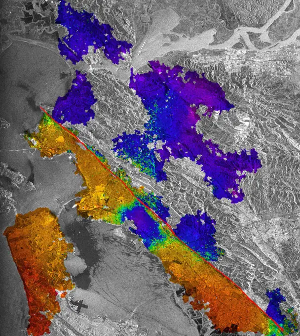This image of California's Hayward fault is an interferogram created using a pair of images taken by ESA's ERS-1 and ERS-2 in June 1992 and September 1997 over the central San Francisco Bay in California.. 
