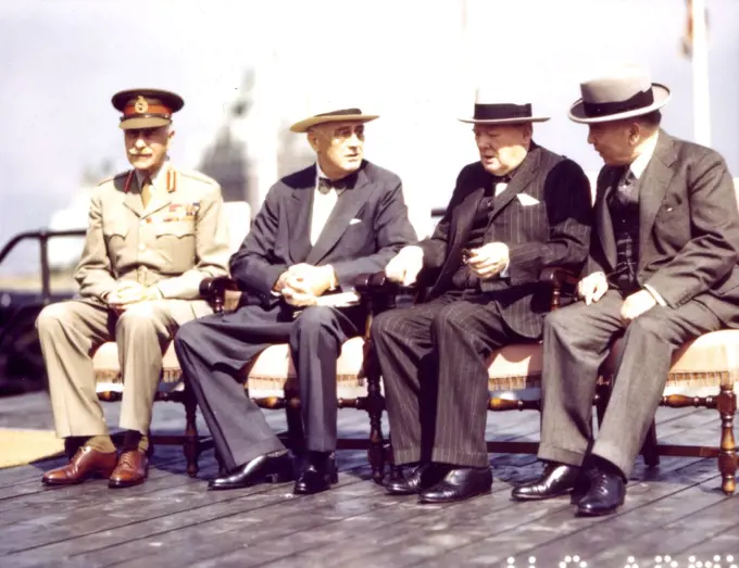 September 1944, Quebec, Canada - President Franklin D. Roosevelt with the Governor General of Canada, Lord Athlone, Prime Minister Churchill and Prime Minister of Canada, Mackenzie King, at the Quebec Conference.