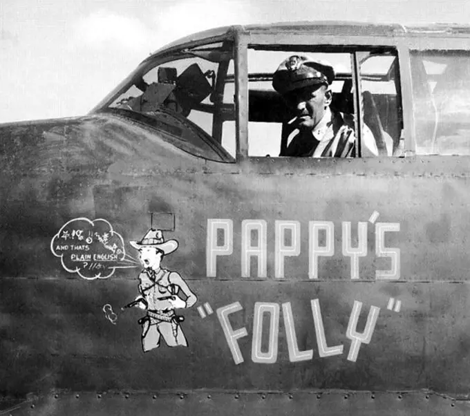 USA/Australia: Colonel Paul Irvin 'Pappy' Gunn (1899-1957), in the cockpit of his modified B-25 Mitchell medium bomber 'Pappy's Folly', Queensland, Australia, c. 1942