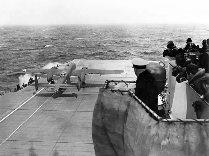 USA/Japan:  Lt. Col. James 'Jimmy' Doolittle performs a full-throttle takeoff in a B25 Mitchell Medium Bomber from the deck of the USS Hornet, 650 miles from Japan, for the 'Doolittle Raid' on Tokyo, 18 April 1942