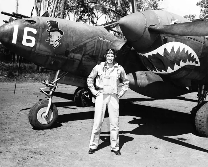 USA/Japan: US Army Air Force Captain Robert L. Faurot after shooting down two Japanese Zero fighters New Guinea, 1942