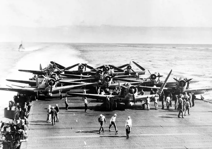 USA/Japan: TBD-1 torpedo bombers on the deck of USS Enterprise before launching an attack against four Japanese carriers in the Battle of Midway, 4 June, 1942. The squadron lost ten of fourteen aircraft during the attack.