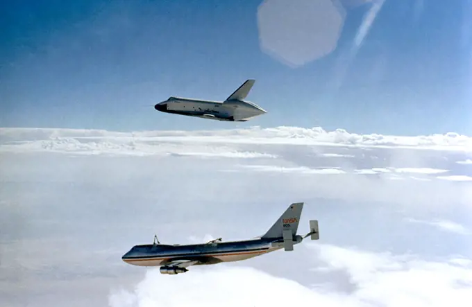 (12 Aug 1977) --- The Shuttle Orbiter 101 'Enterprise' soars above the NASA 747 carrier aircraft only seconds after separating during the first free flight of the Shuttle Approach and Landing Tests (ALTs) conducted on August 12, 1977 at Dryden Flight Research Center in Southern California.