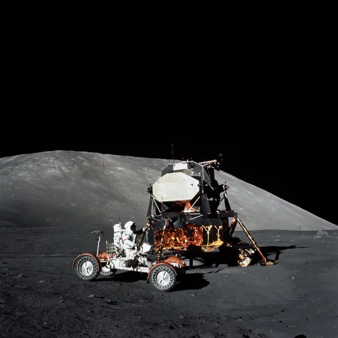 (11 Dec. 1972) --- Astronaut Eugene A. Cernan, Apollo 17 mission commander, makes a short checkout of the Lunar Roving Vehicle during the early part of the first Apollo 17 extravehicular activity (EVA) at the Taurus-Littrow landing site.