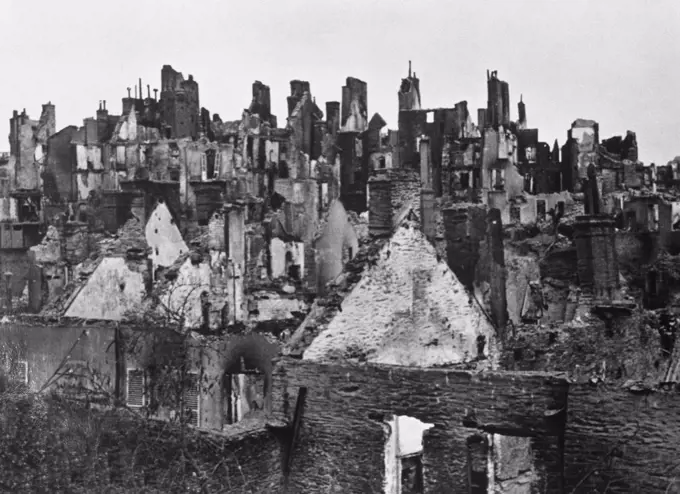 Second World War. View of the village of Saint Lo completely destroyed because of the allied bombings in 14th July of 1944. 