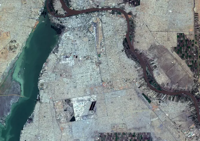 Color satellite image of Khartoum, capital city of Sudan. It is located at the confluence of the White Nile to the west and the Blue Nile to the east. Image collected on October 25, 2017 by Sentinel-2 satellites.