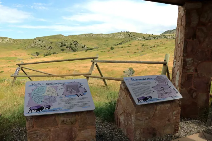 History display about Native American Indian buffalo hunts at Madison Buffalo Jump State Park in southwestern Montana.