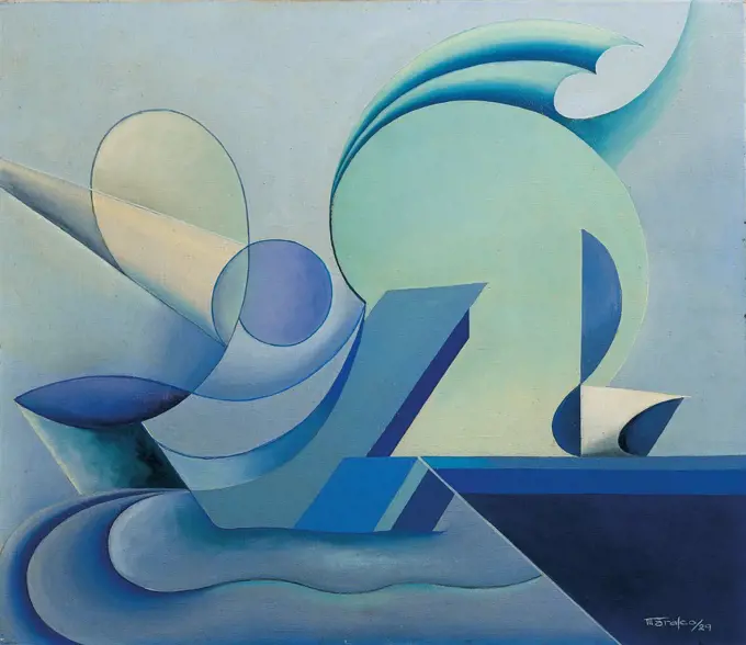 Sails and Wind, by Marasco Antonio, 1929, 20th Century, oil on canvas. Private collection. Whole artwork. Sails and wind forms geometries lines curves straight lines signature at the bottom right side blue black azure/light blue violet/purple yellow light green