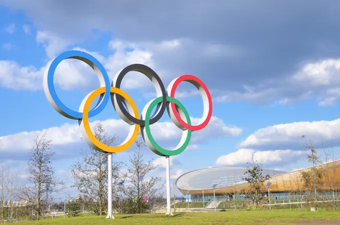 Olympic Rings and Lee Valley VeloPark at the Queen Elizabeth Olympic Park in Stratford in east London.  