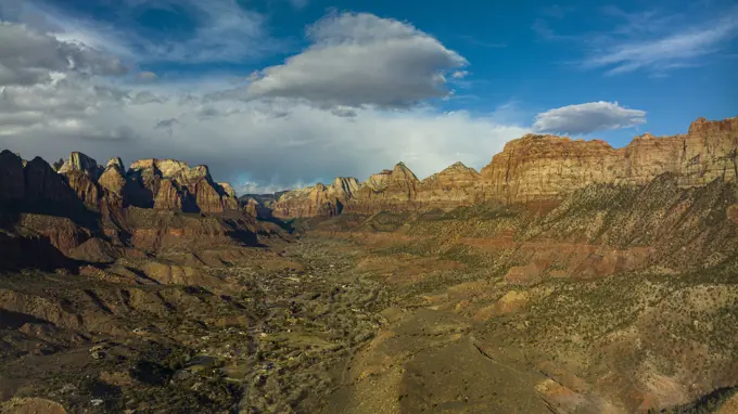 MARCH 2023, ZION NATIONAL PARK, SPRINGDALE, UTAH - USA - aerial drone view of Zion National park, Springdale, Utah