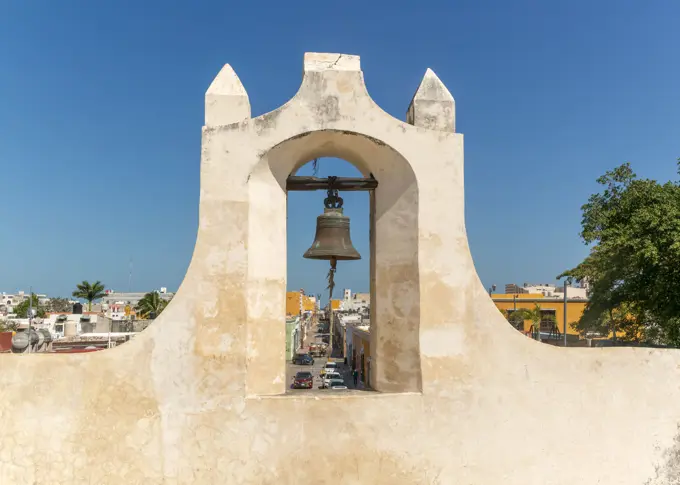 Fortifications Spanish military architecture of city walls, Campeche city, Campeche State, Mexico, bell of Puerta de Tierra.